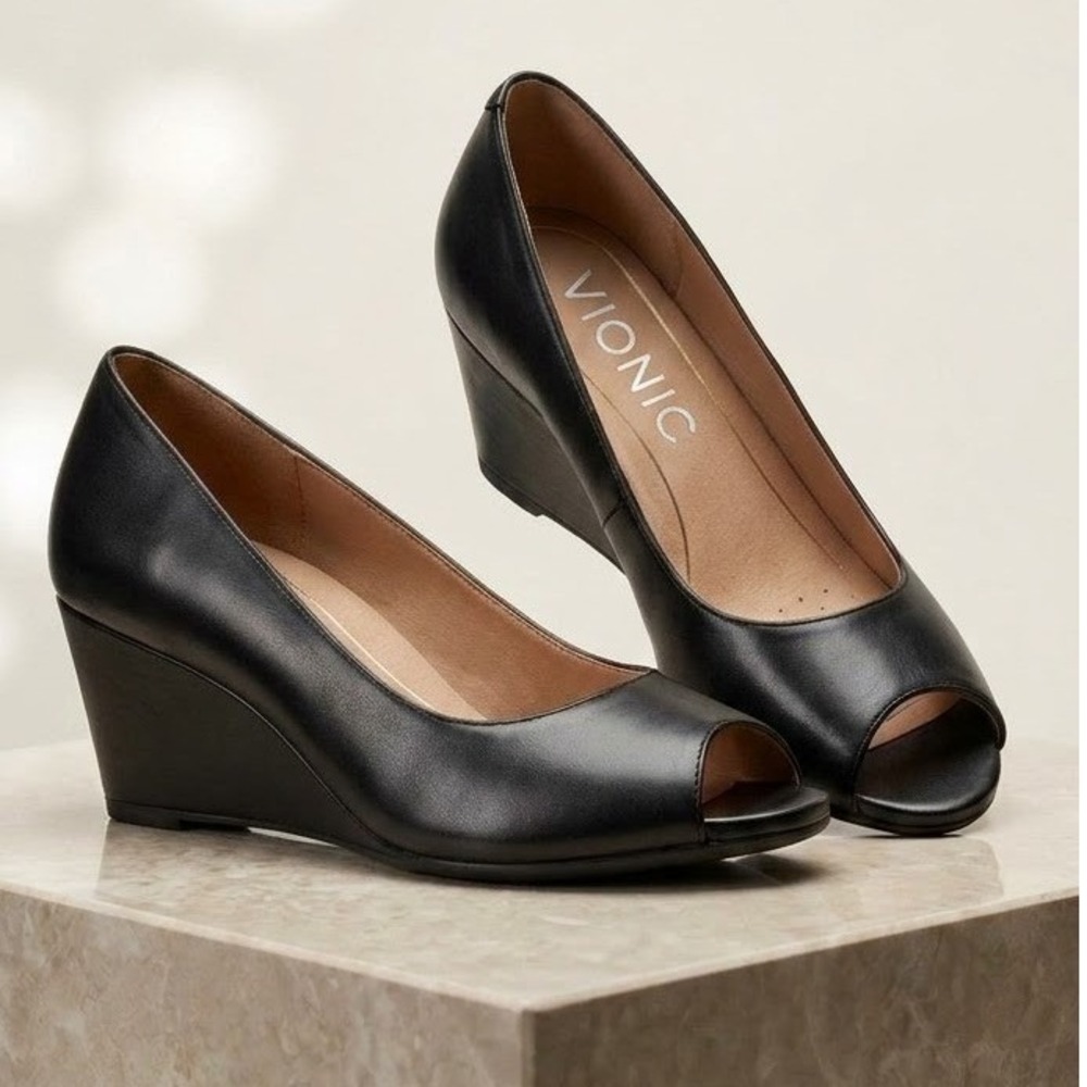 Vionic Bria Black Leather Peep Toe Wedge Heels Shoes Women Size 7 New